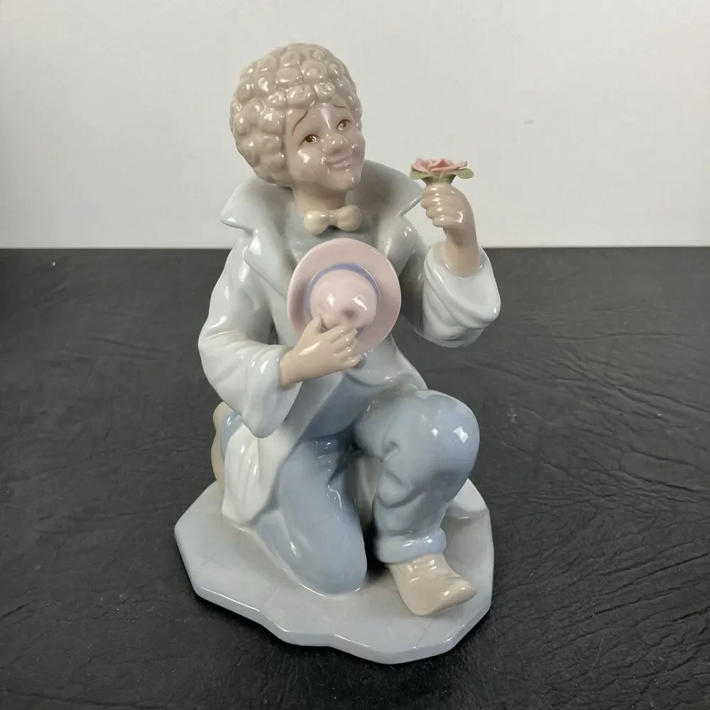 Vintage Porcelain Clown Figurine 2000 YH Seated with Rose Hat Pastel Gloss HTF
